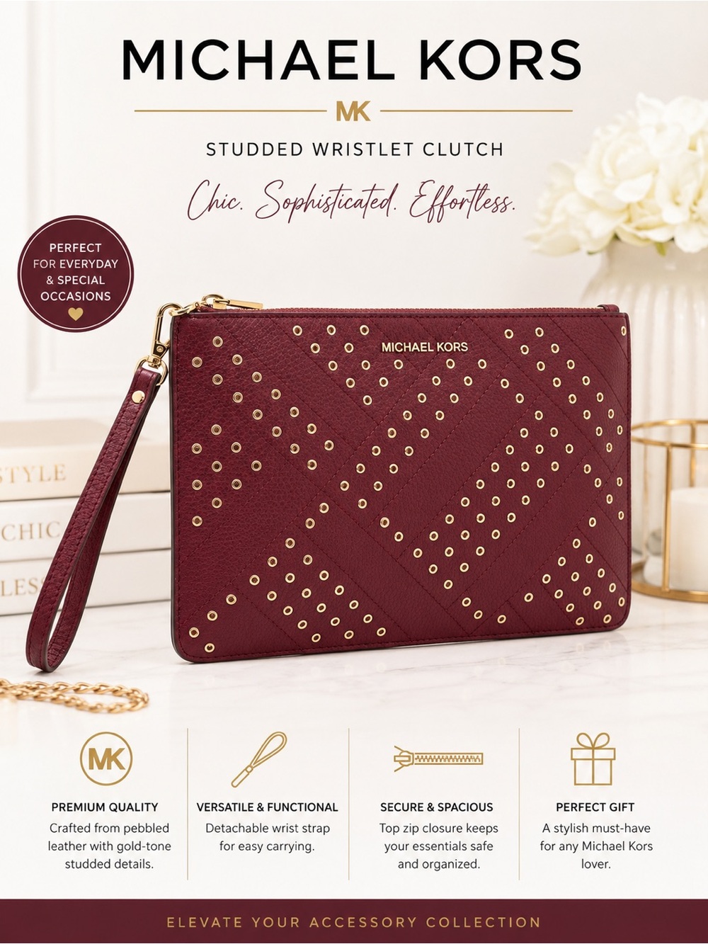 Michael Kors Burgundy XL Pebbled Leather Wristlet with Studded Design.